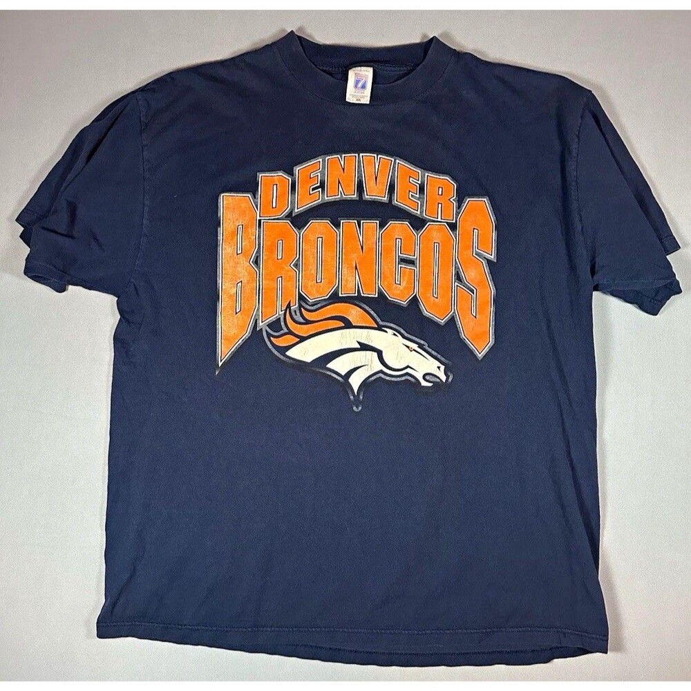 90s Vintage Logo 7 Broncos Shirt XXL Navy Distressed Graphic NFL T-Shirt